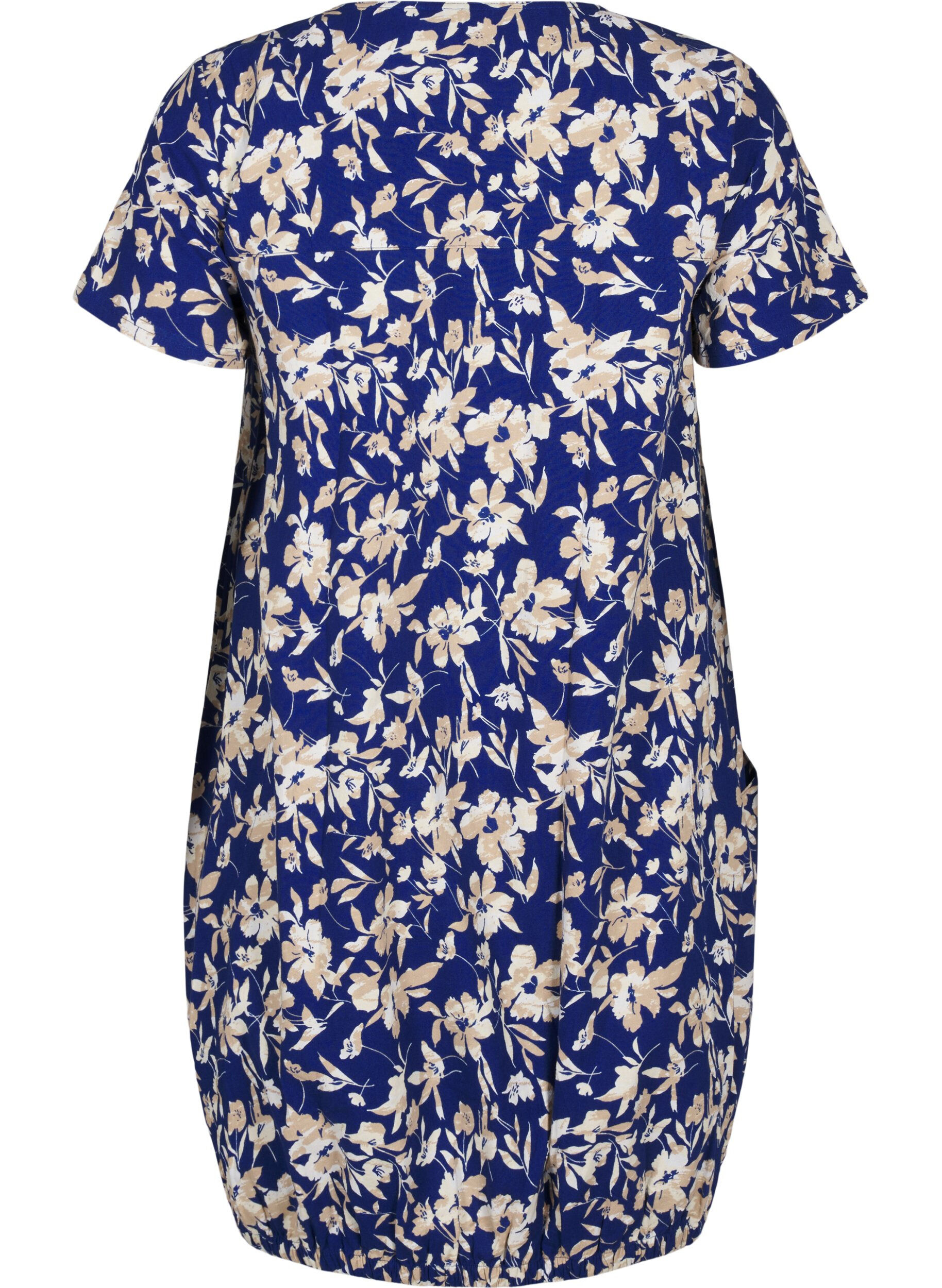 Zizzi Kurz&auml;rmliges Baumwollkleid mit Blumenaufdruck, Blau, Packshot image number 1