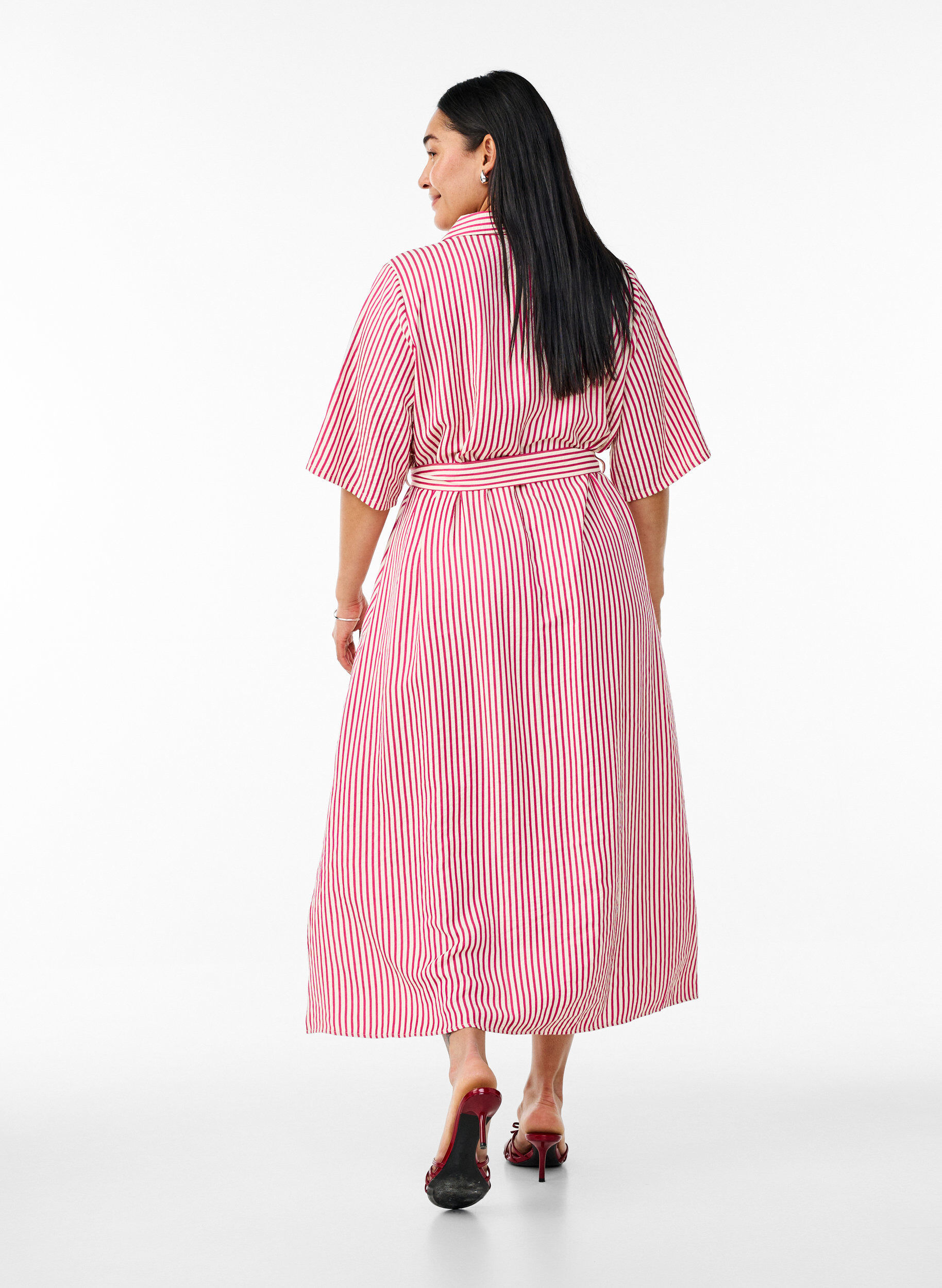 ZizziRobe-chemise longue jusqu&rsquo;aux chevilles avec ceinture &agrave; nouer et rayures, Rose, Model image number 1