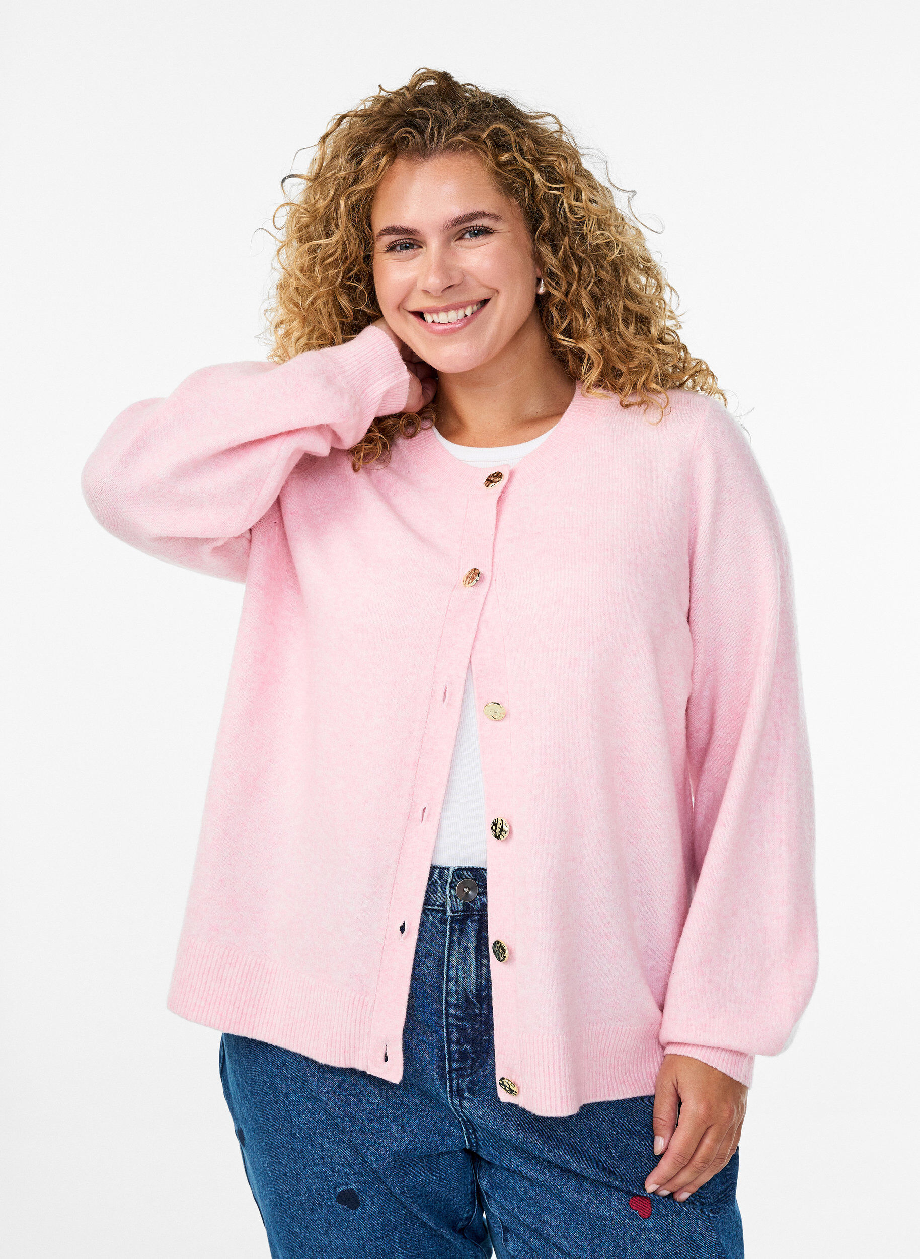 Cardigan en maille douce avec boutons dor&eacute;s, Rose, Model