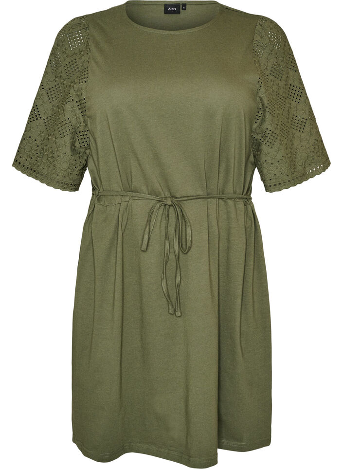 Robe en coton avec manches en broderie anglaise et ceinture &agrave; nouer, Vert, Packshot image number 0