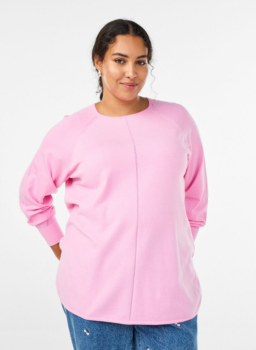 Blouse en maille &agrave; col rond et motif tricot&eacute;, Rose, Model image number 0