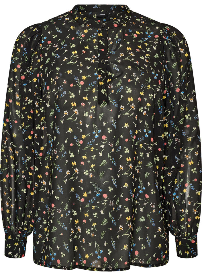Bluse mit Allover-Print und kurzer Knopfleiste, Schwarz, Packshot image number 0