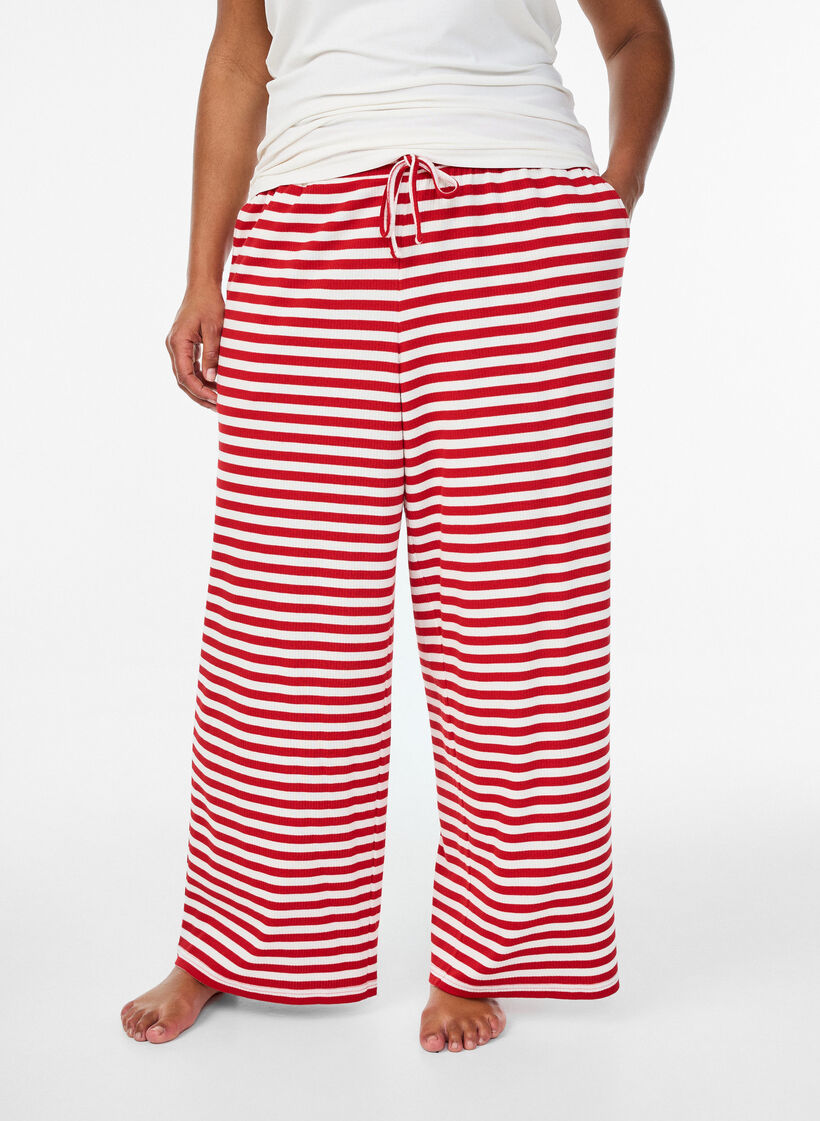 Pantalon de pyjama ray&eacute; &agrave; taille haute et coupe ample, Rouge, Model image number 2