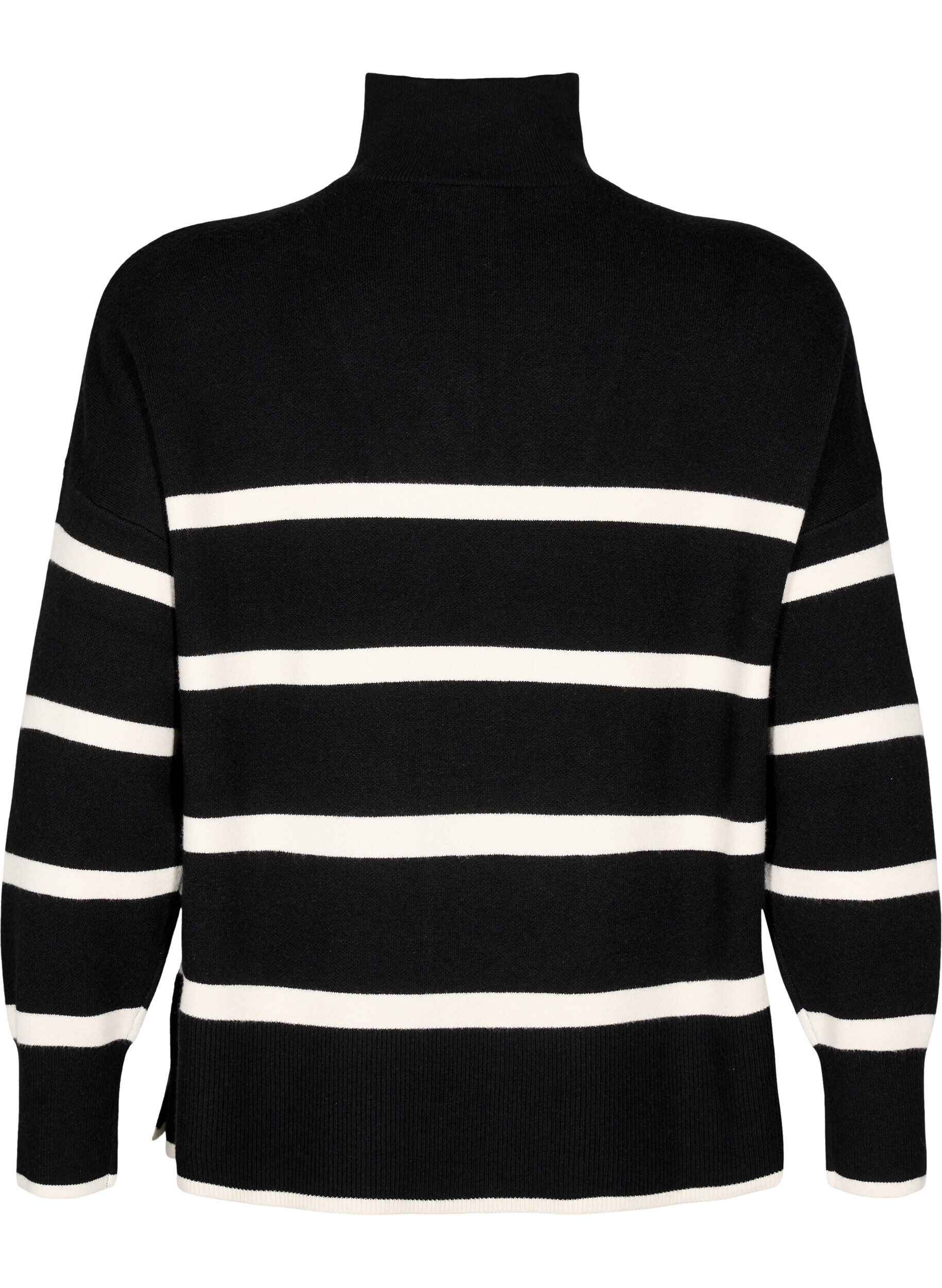 Zizzi Pullover mit Streifen und hohem Kragen	, Black w. Birch, Packshot image number 1