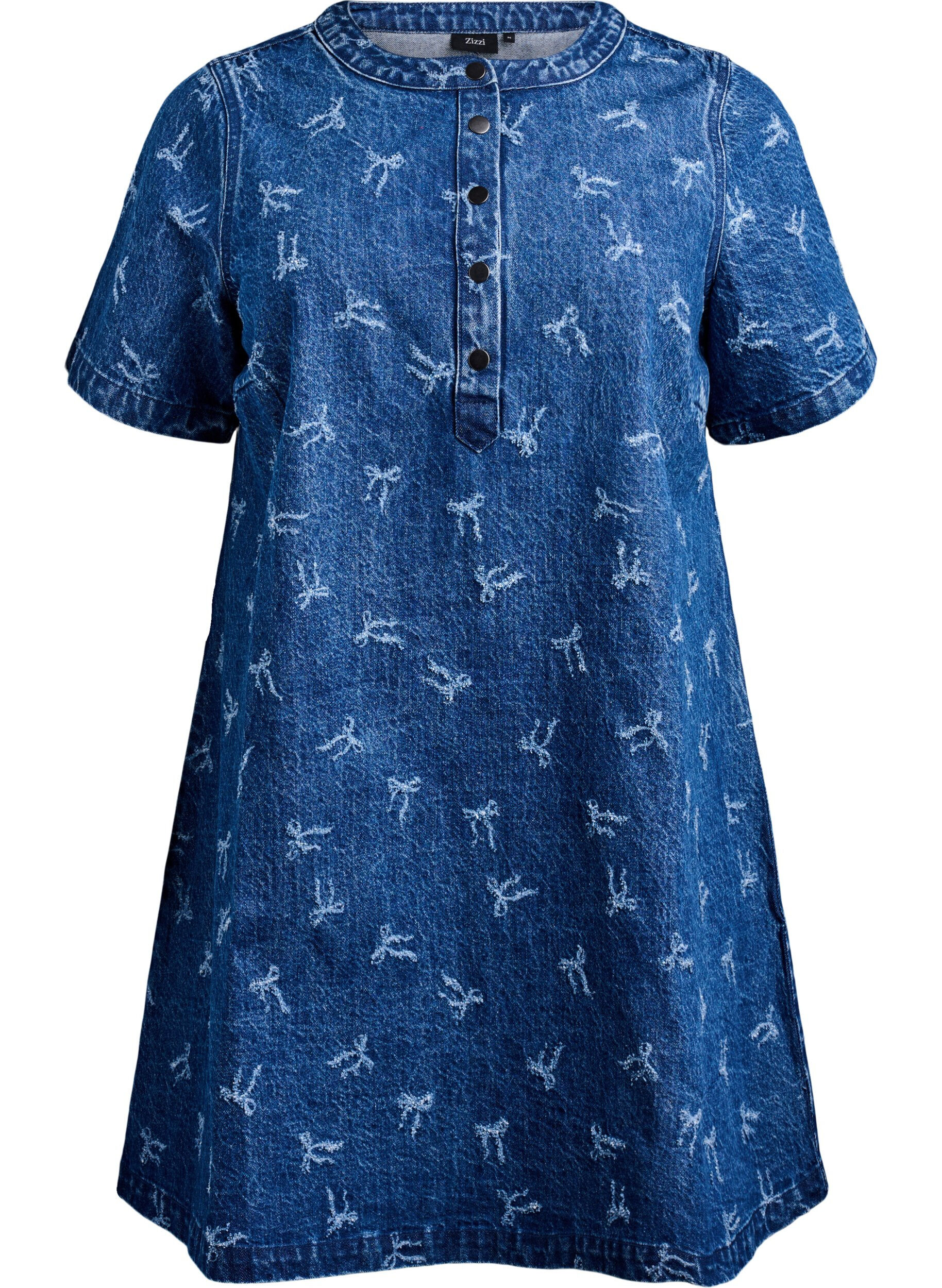 Robe courte en denim avec une coupe trap&egrave;ze et un motif &agrave; n&oelig;uds