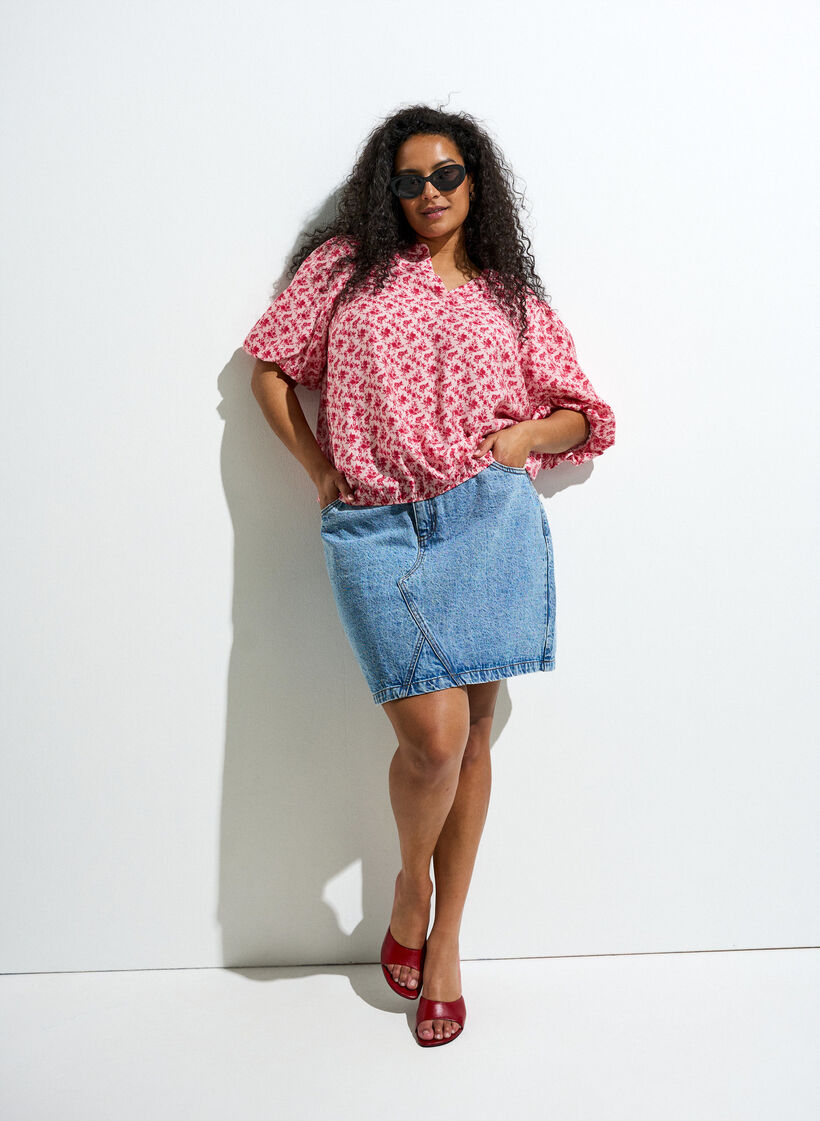 Gebl&uuml;mte Bluse aus Viskose mit Ballon&auml;rmeln, Rot, Image image number 0