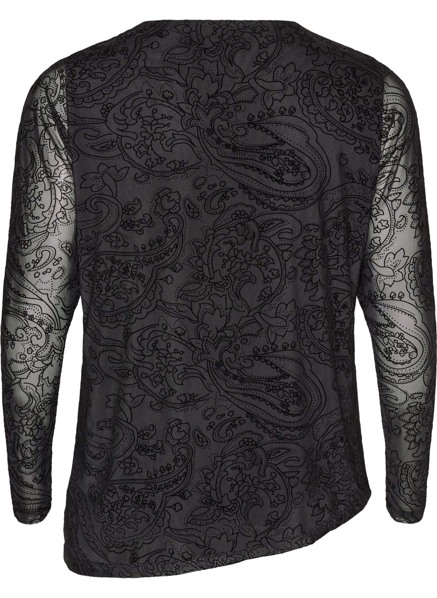 ZizziMesh-Bluse mit Paisley-Print und asymmetrischem Saum, Schwarz, Packshot image number 1