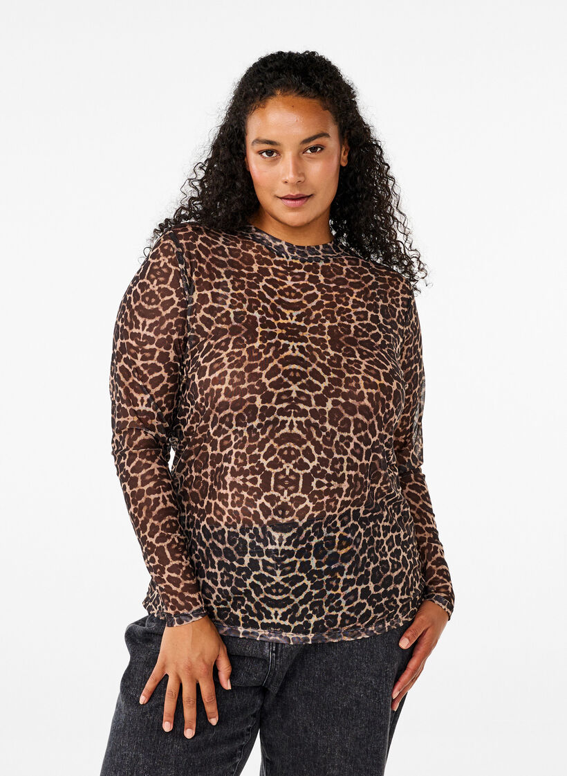 Netzbluse mit Leopardenmuster, Braun, Model image number 0