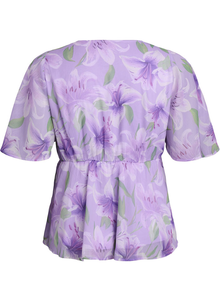 Gebl&uuml;mte Chiffonbluse mit kurzen &Auml;rmeln, lila, Packshot image number 1