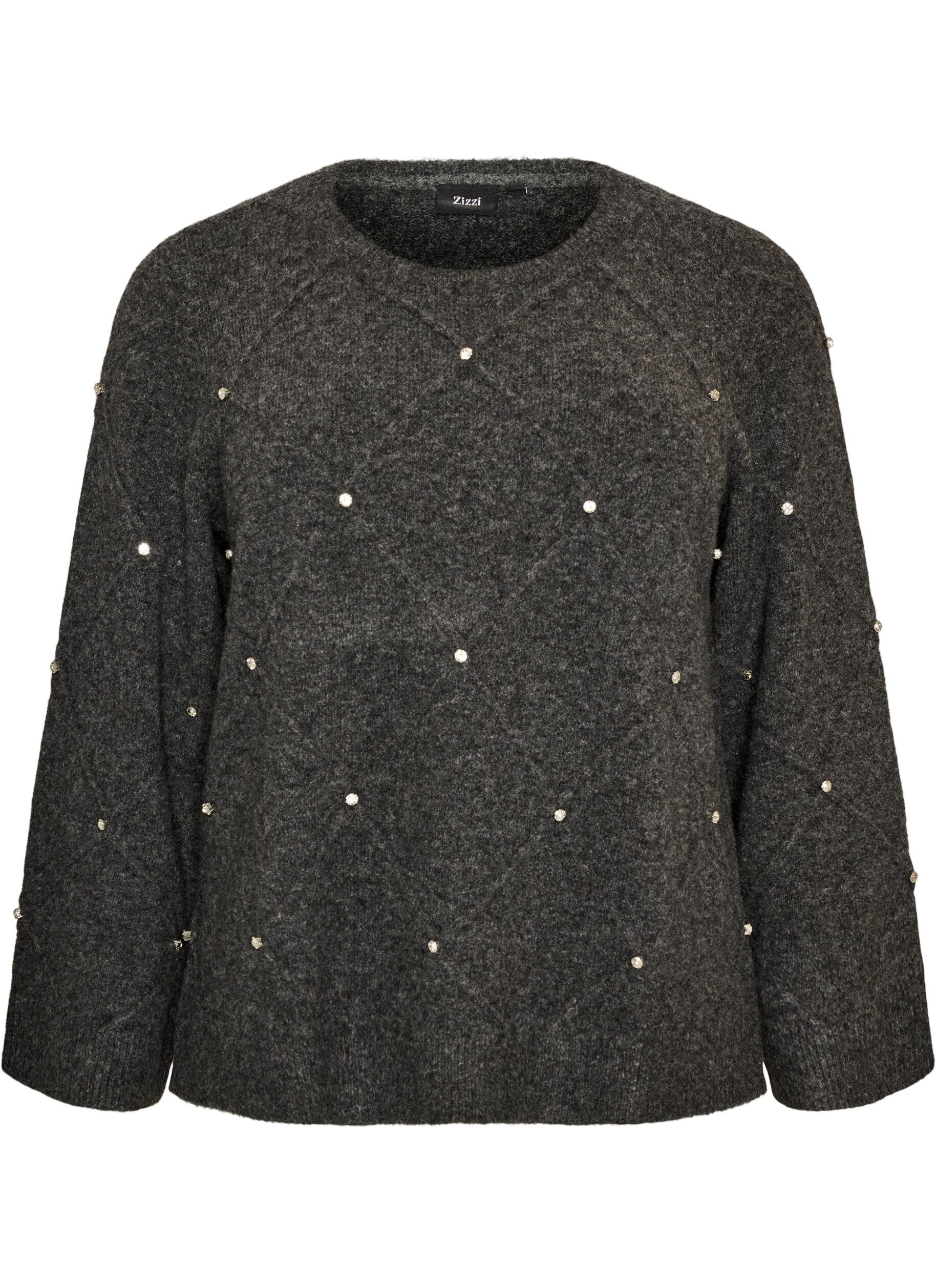 ZizziBluse aus Strick mit Strasssteinen und Rautenmuster, Grau, Packshot image number 0