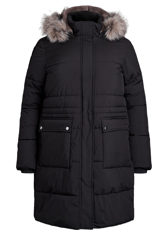 Parka déperlante avec col en fausse fourrure, Noir, Packshot image number 0