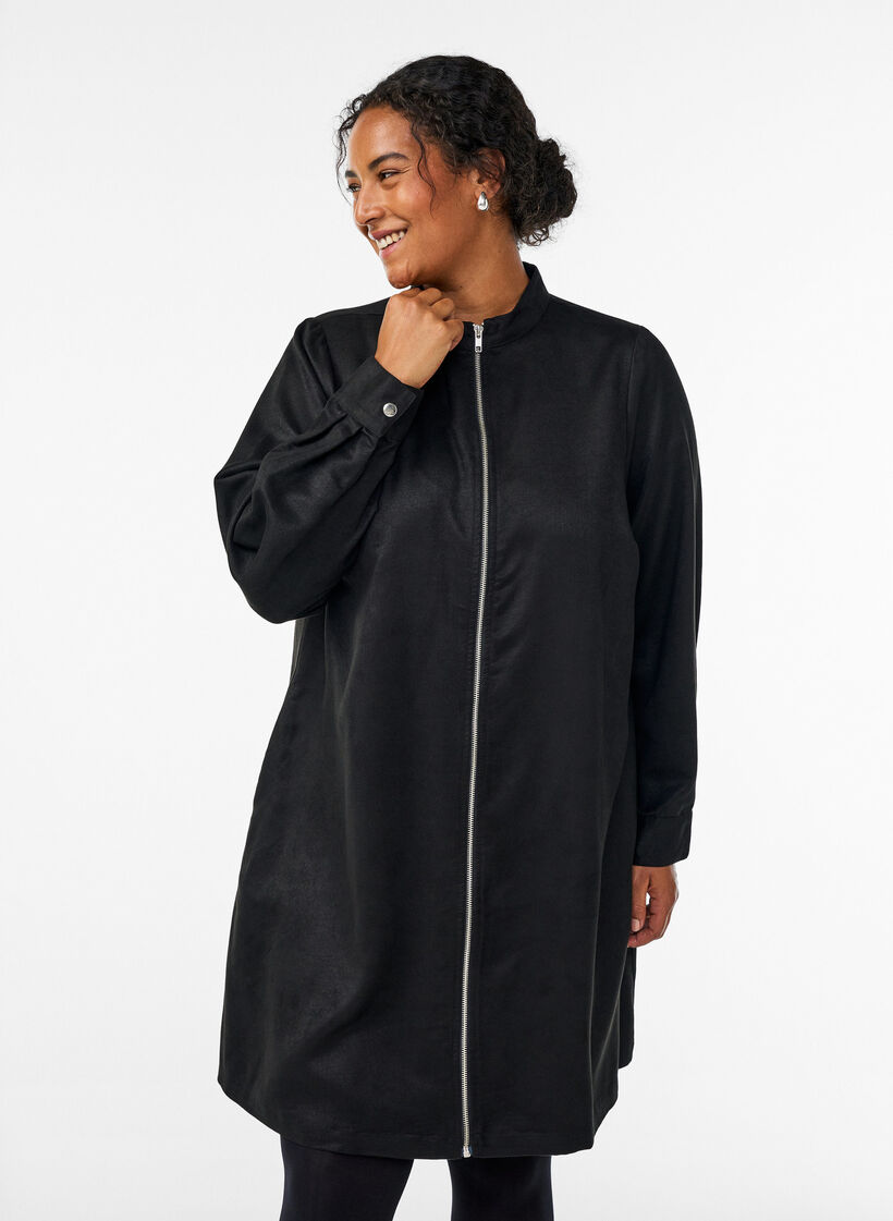 Langes Hemd aus Wildlederimitat mit Reißverschluss, Schwarz, Model image number 0