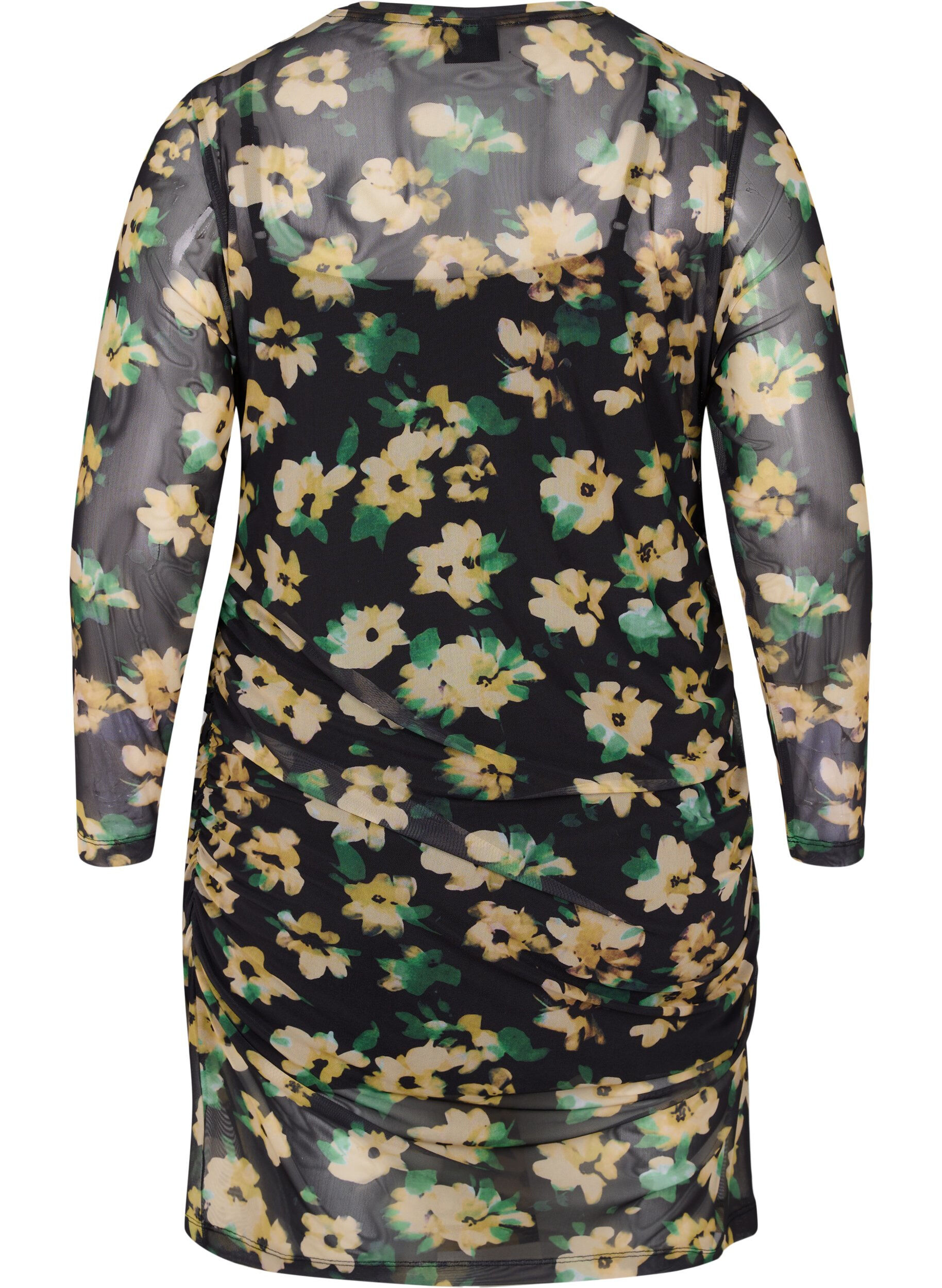 Zizzi Eng anliegendes Netzkleid mit 3/4-&Auml;rmeln, Yellow Green AOP, Packshot image number 1