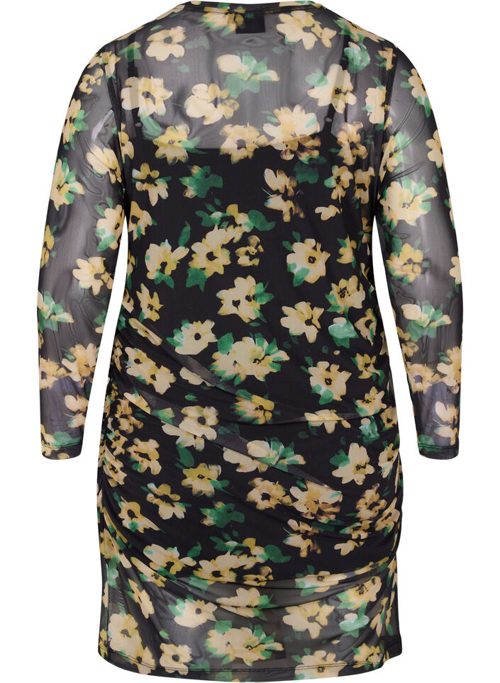 Eng anliegendes Netzkleid mit 3/4-Ärmeln, Yellow Green AOP, Packshot image number 1