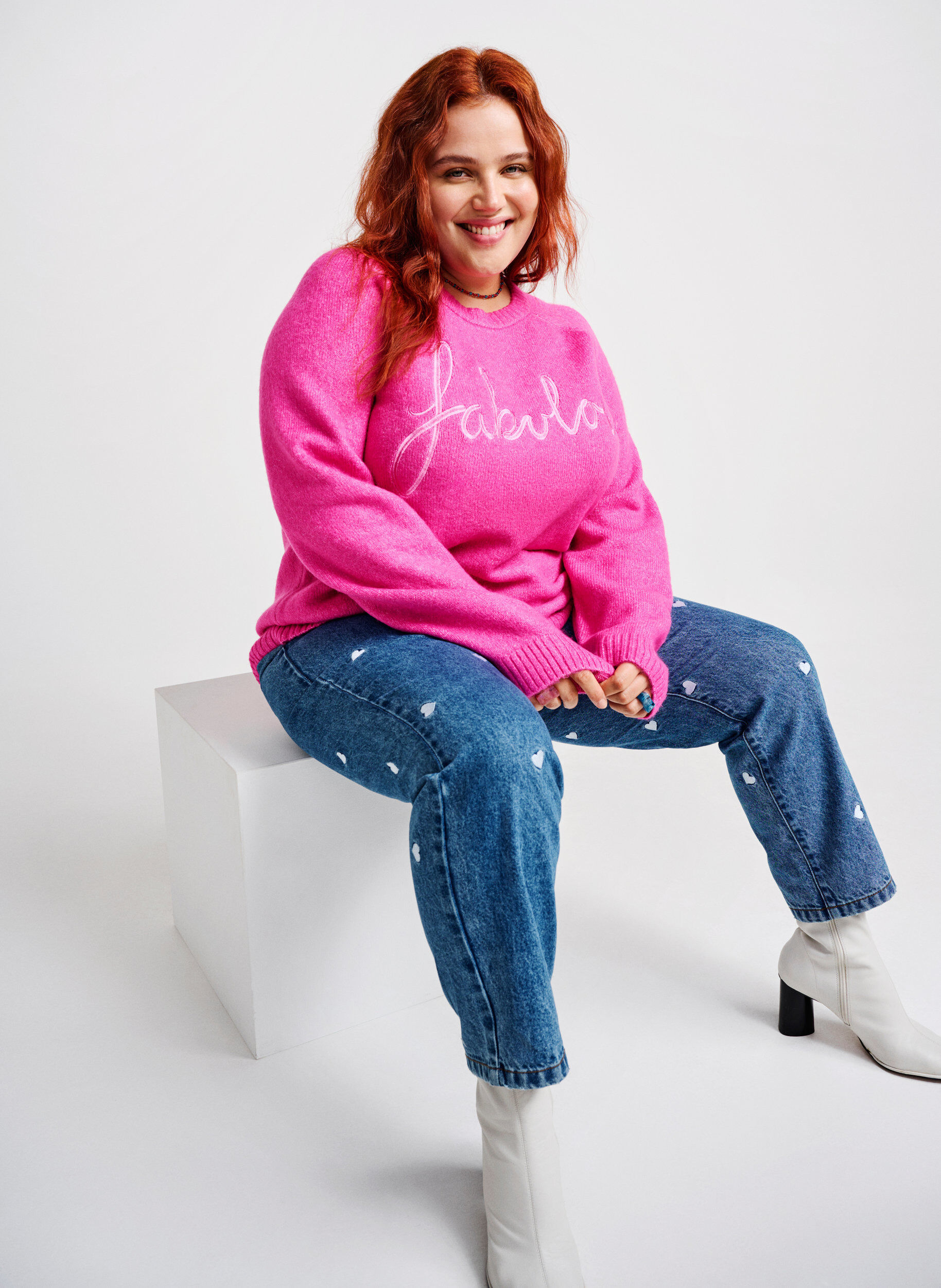 Zizzi Strickpullover mit aufgesticktem Text, Raspberry Rose, Image image number 0