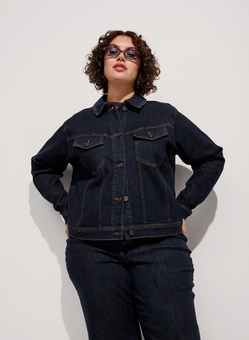Veste en jean classique avec surpiq&ucirc;res contrastantes, Bleu, Model image number 0