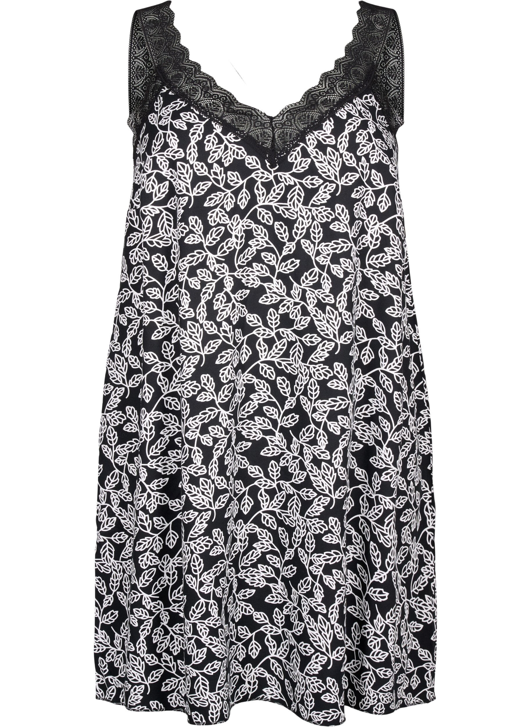 Zizzi Tr&auml;gerkleid aus Viskose mit Spitze, Black w. Wh.Leaf AOP, Packshot image number 0