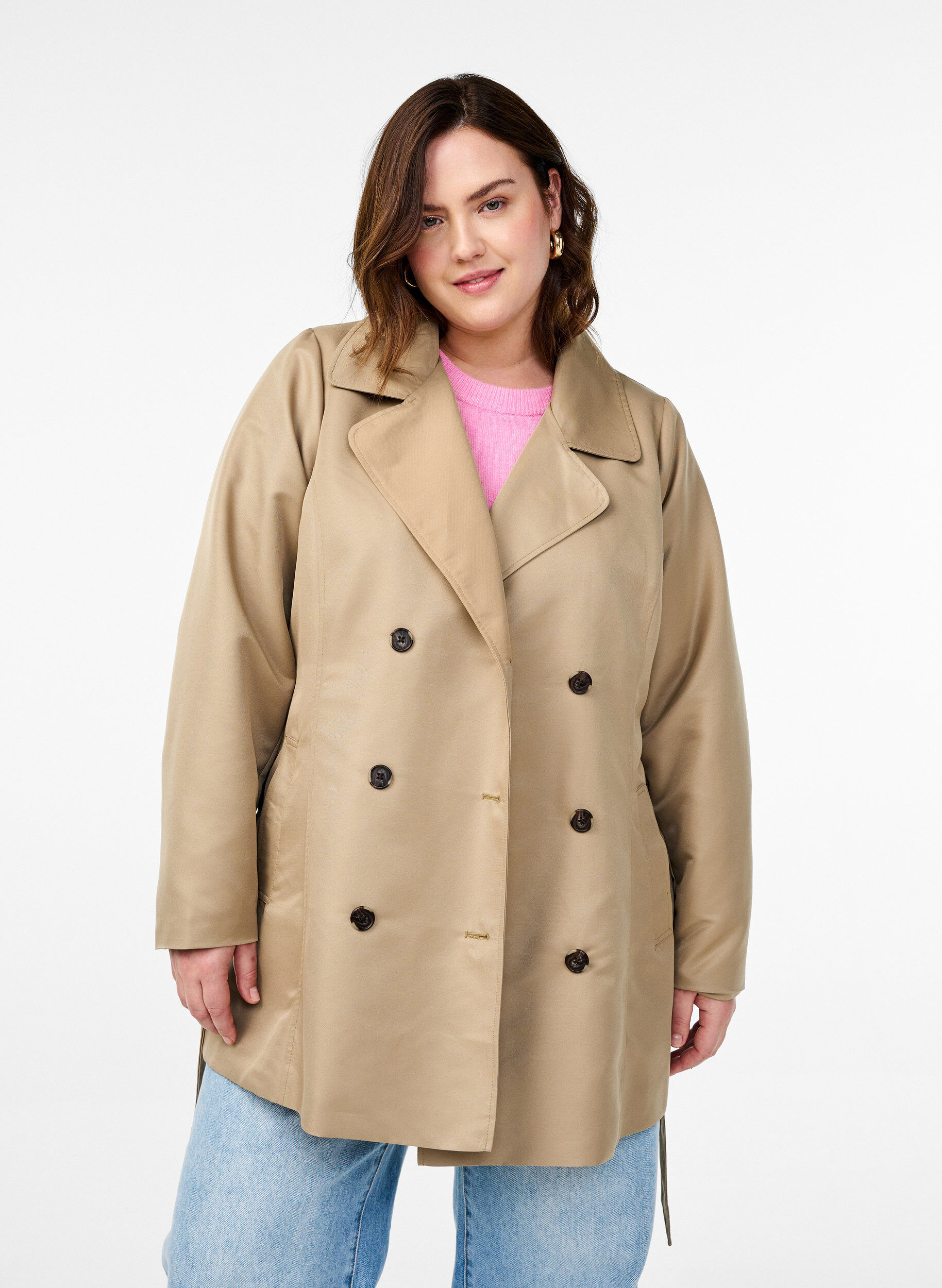 Zizzi Kurzer Trenchcoat mit G&uuml;rtel, Beige, Model image number 0