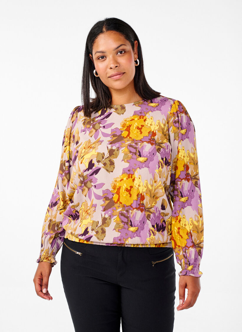 Künstlerbluse mit Blumenmuster, Purple Flower, Model image number 0