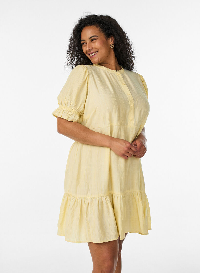 Kurzes Kleid aus Viskose mit R&uuml;schendetails, Gelb, Model image number 0