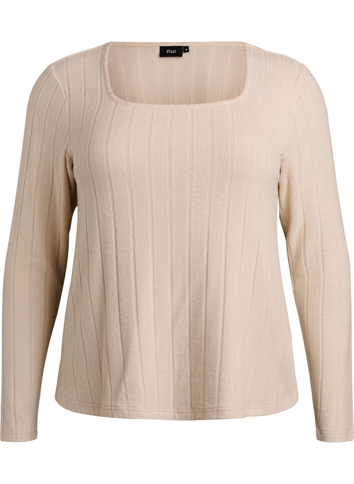 Bluse aus Jersey mit eckigem Ausschnitt und Rippstruktur, Beige, Packshot image number 0