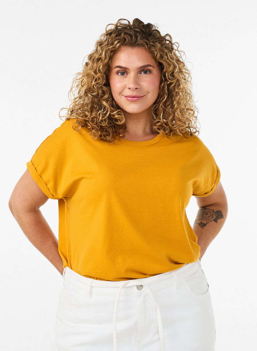 T-shirt &agrave; manches courtes en coton m&eacute;lang&eacute;, Jaune, Model image number 0