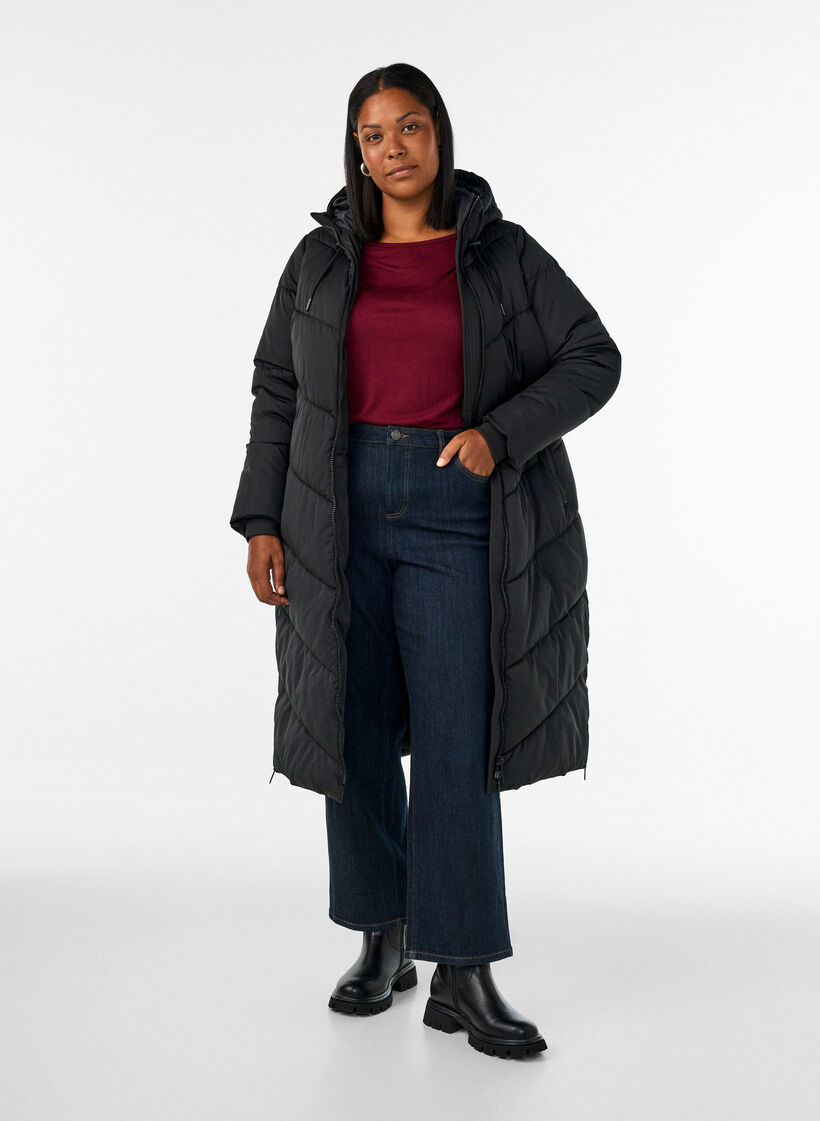 Langer Puffermantel mit Kapuze und Taschen, Schwarz, Model image number 1