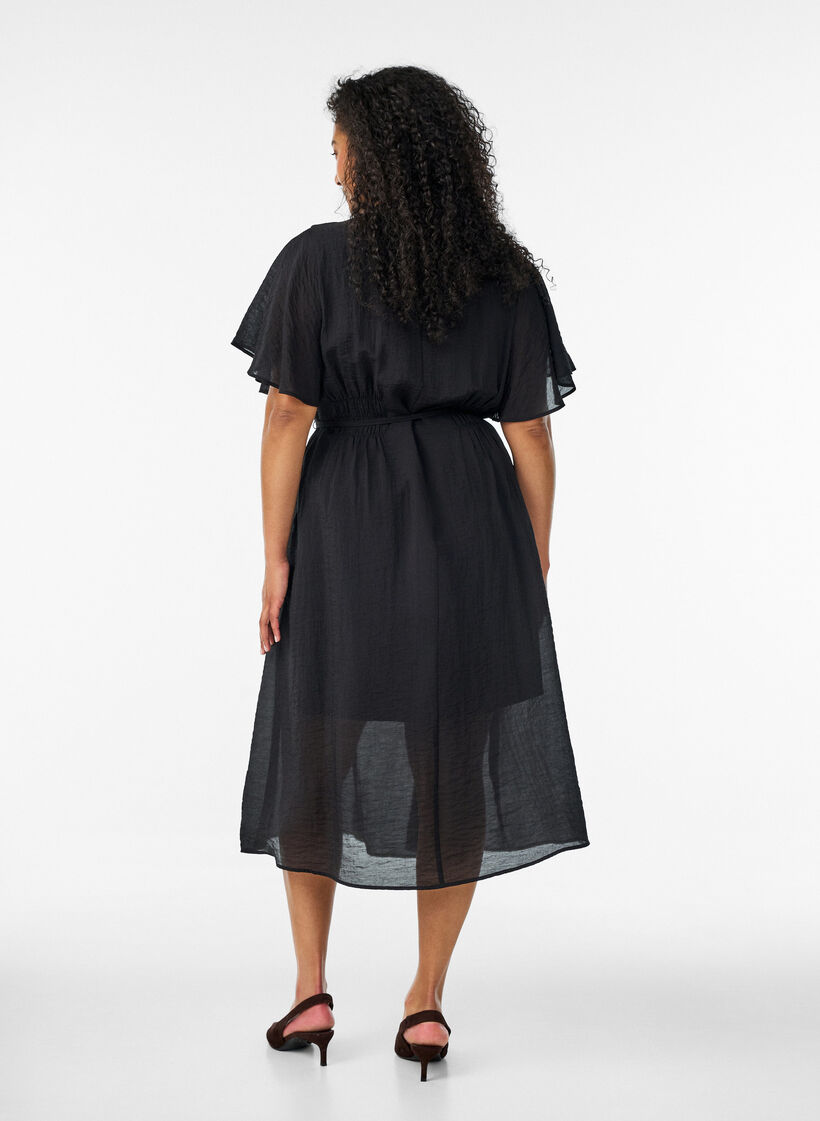 Kn&ouml;chellanges Kleid mit Fl&uuml;gel&auml;rmeln und Bindeg&uuml;rtel, Schwarz, Model image number 1