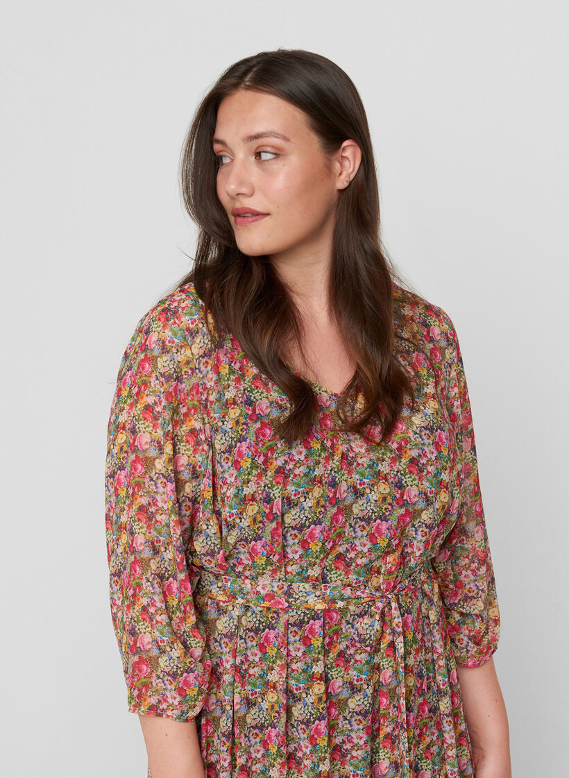 Midikleid mit Blumenprint und Bindeband an der Taille, Pink Flower AOP, Model image number 2