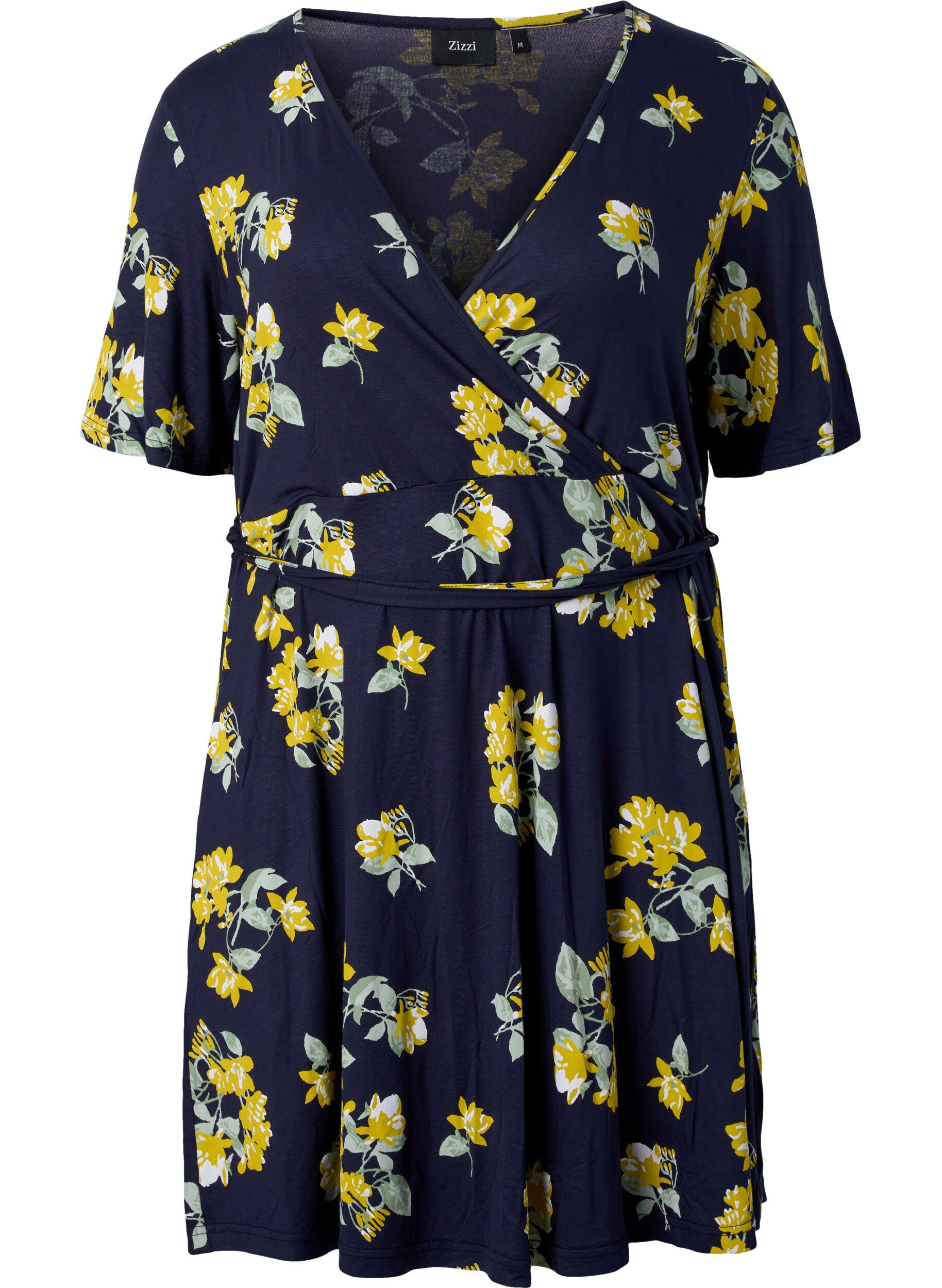 Zizzi Robe portefeuille en viscose &agrave; manches courtes, Night Sky AOP Flower, Packshot image number 0