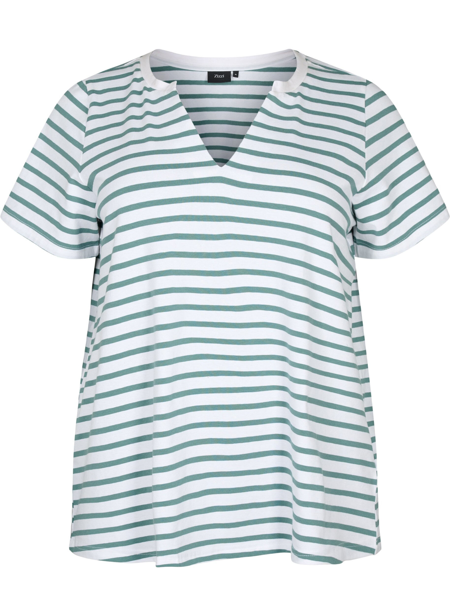 Zizzi T-shirt en coton &agrave; rayures et encolure en V, B.White/SeaP.Stripes, Packshot image number 0