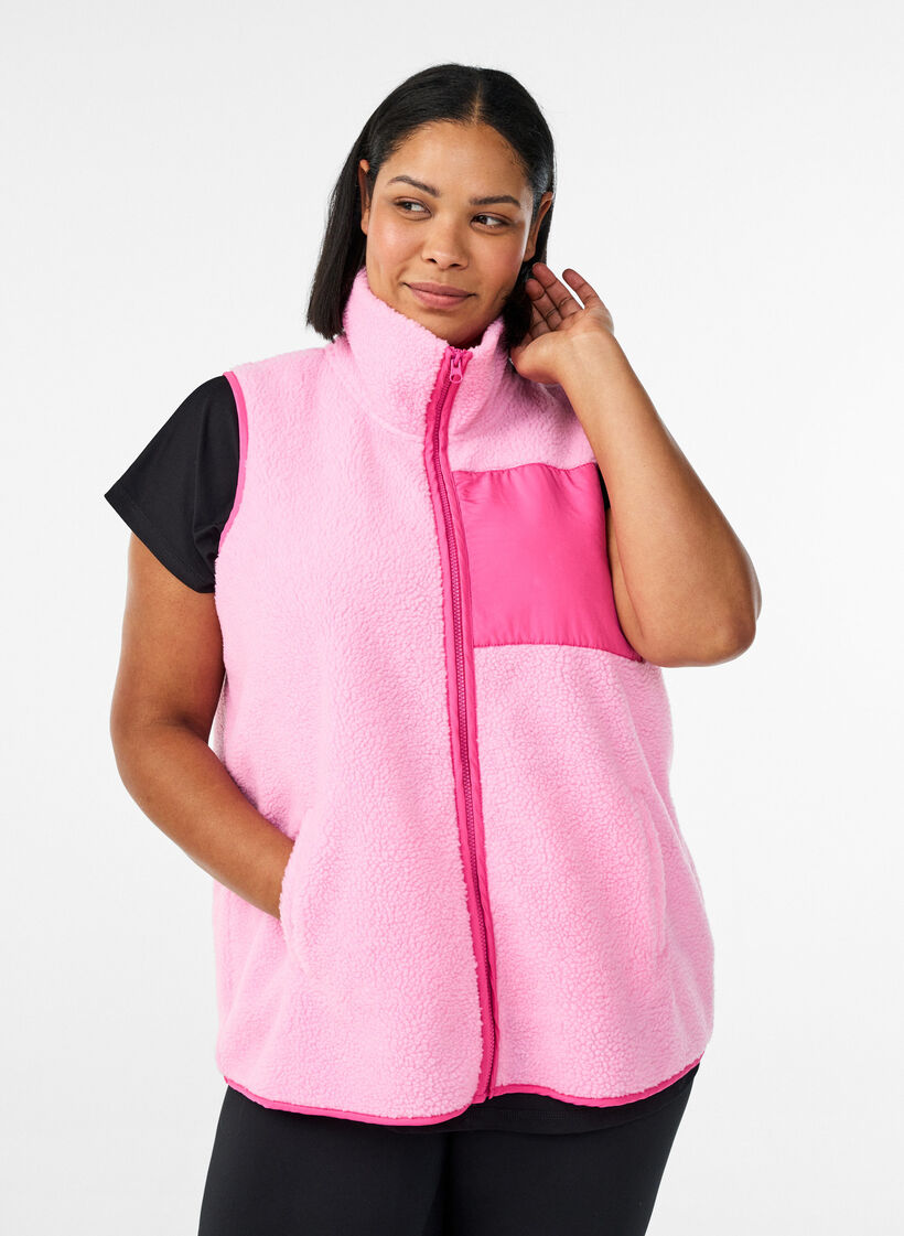 Weste aus Teddyfleece mit Rei&szlig;verschluss und Kontrastdetails, Pink, Model image number 0