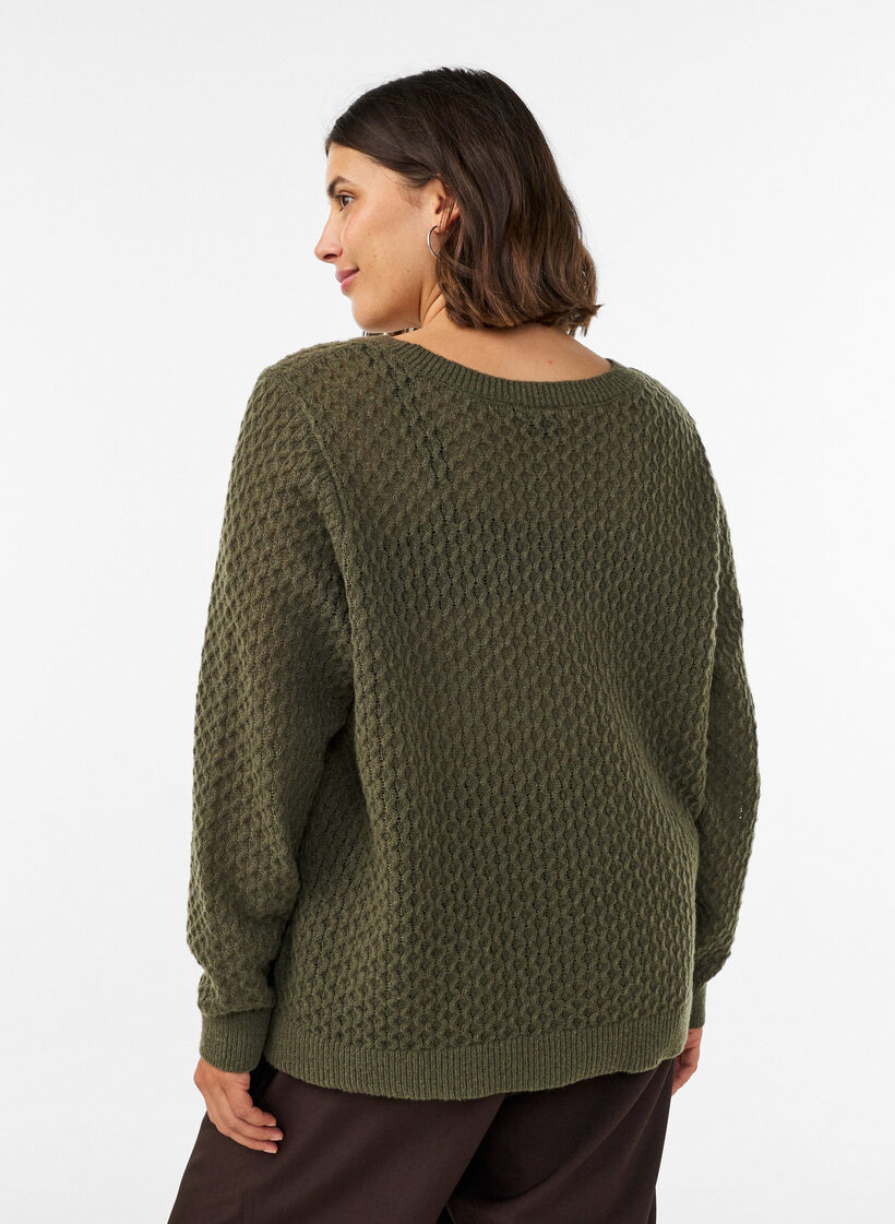 Blouse en maille avec motif ajour&eacute; textur&eacute;, Vert fonc&eacute;, Model image number 2