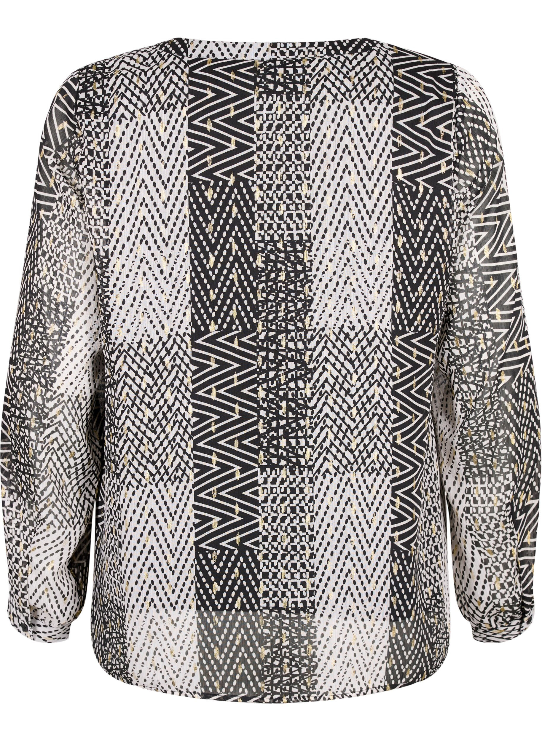 Zizzi Bedruckte Bluse mit V-Ausschnitt, Schwarz, Packshot image number 1