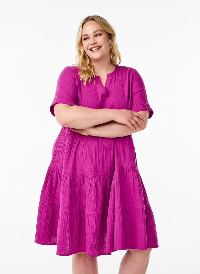 Knielanges Kleid aus Baumwollmusselin mit A-Linien-Schnitt, Lila, Model image number 0