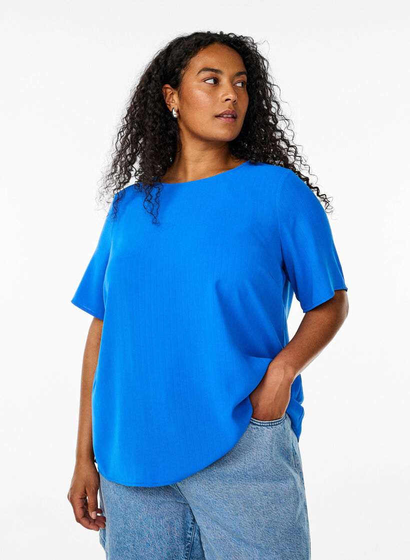 Kurzärmelige Bluse mit Rundhalsausschnitt, Blau, Model image number 0