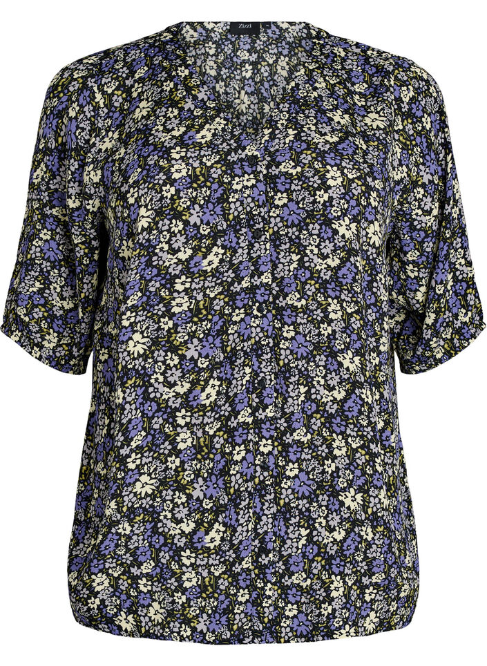 Blouse imprim&eacute;e en viscose avec fermeture boutonn&eacute;e, Noir, Packshot image number 0