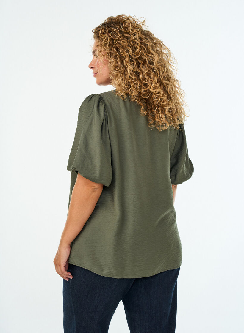Bluse mit Ballon&auml;rmeln und V-Ausschnitt, Gr&uuml;n, Model image number 1