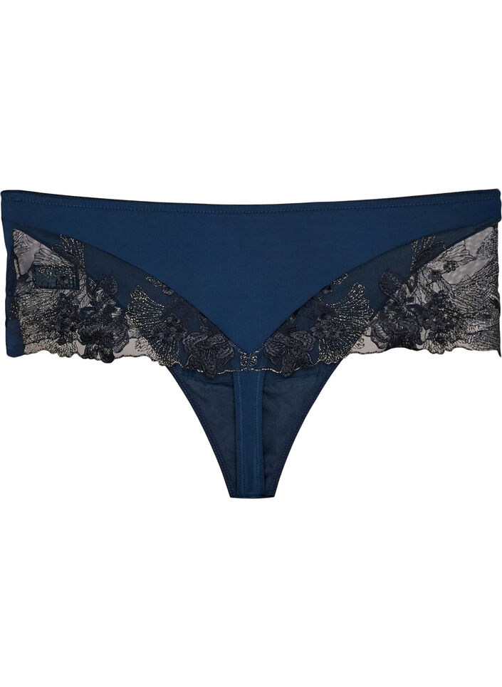 Hipster-String mit gebl&uuml;mter Stickerei und normaler Taillenh&ouml;he, Blau, Packshot image number 2