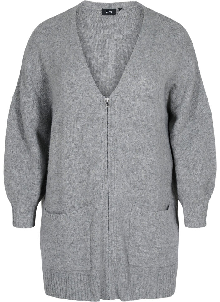 Long cardigan en maille à fermeture Éclair et poches, Medium Grey Melange, Packshot image number 0
