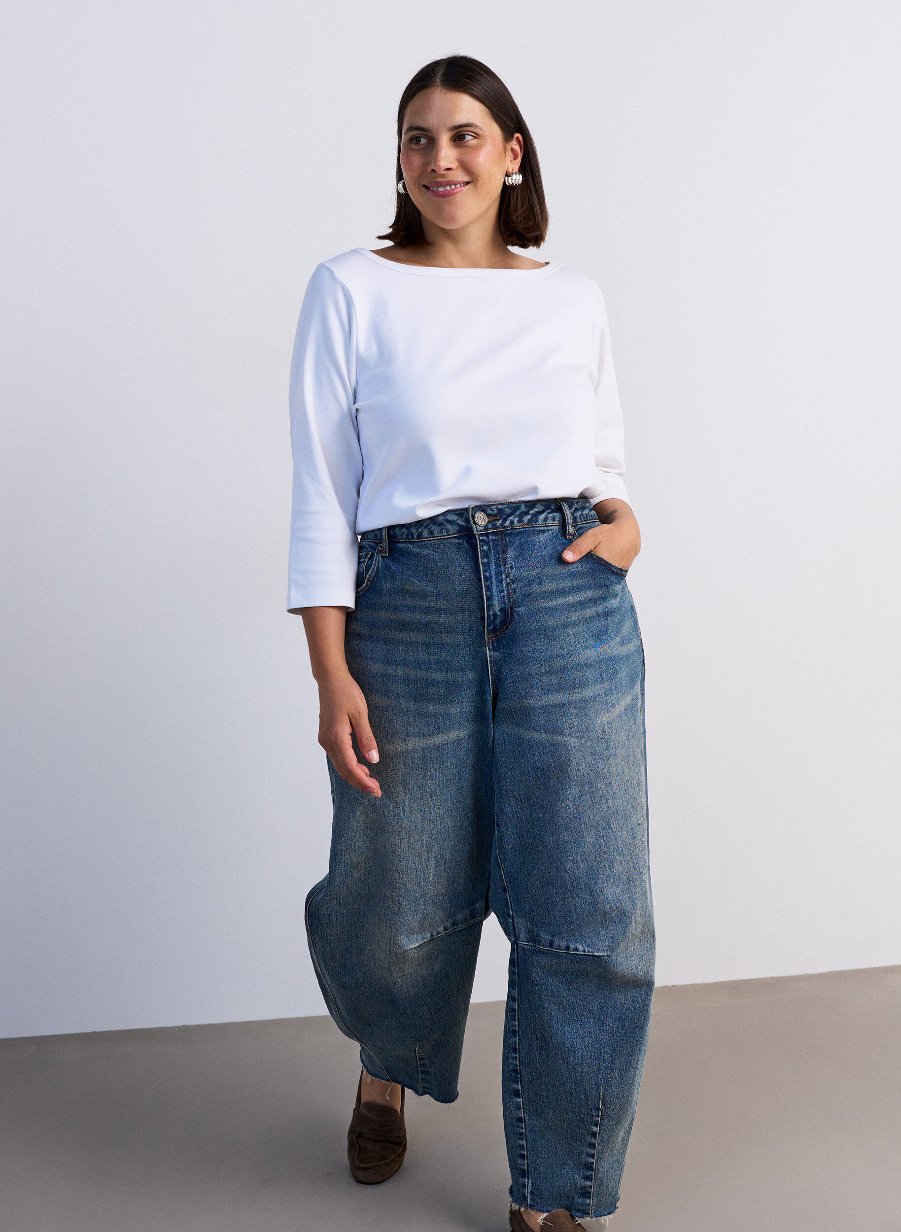 ZizziT-shirt basic &agrave; encolure bateau et manches 3/4, Blanc, Model image number 3