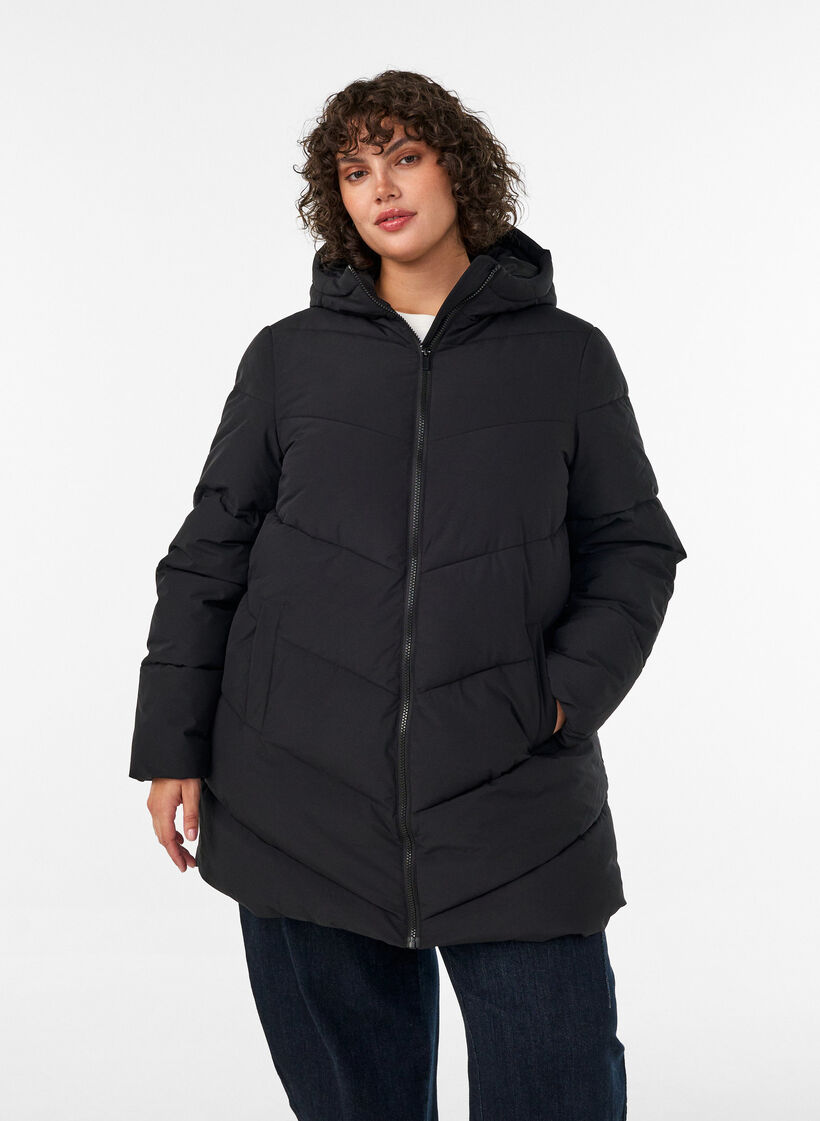 Mittellange Steppjacke mit Kapuze, Schwarz, Model image number 3