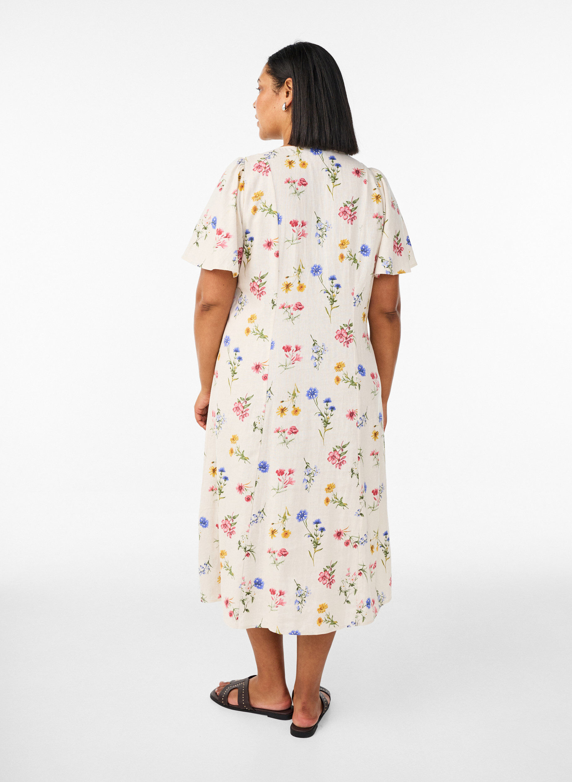 ZizziRobe midi en lin et viscose avec manches &agrave; volants, Beige, Model image number 1