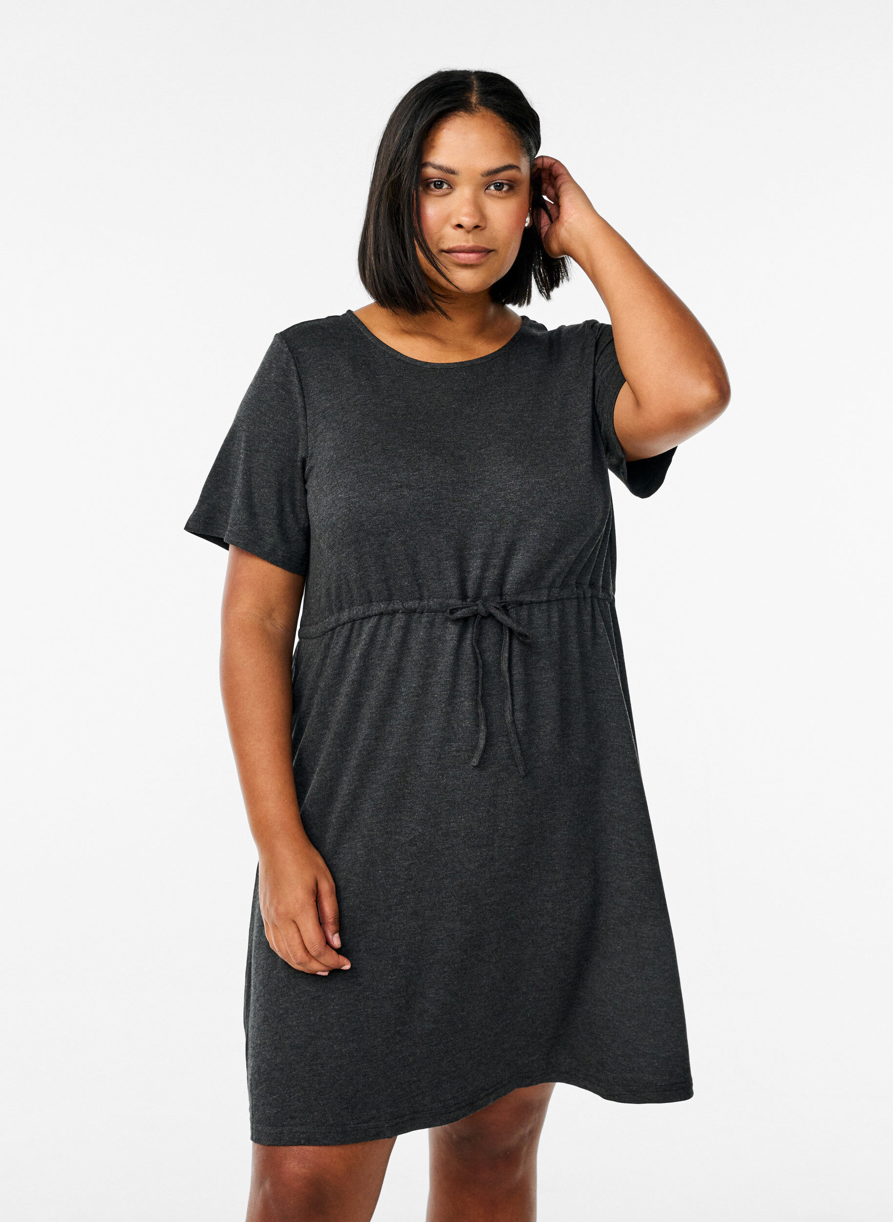 Kurzes Jerseykleid mit Bindeg&uuml;rtel, Grau, Model