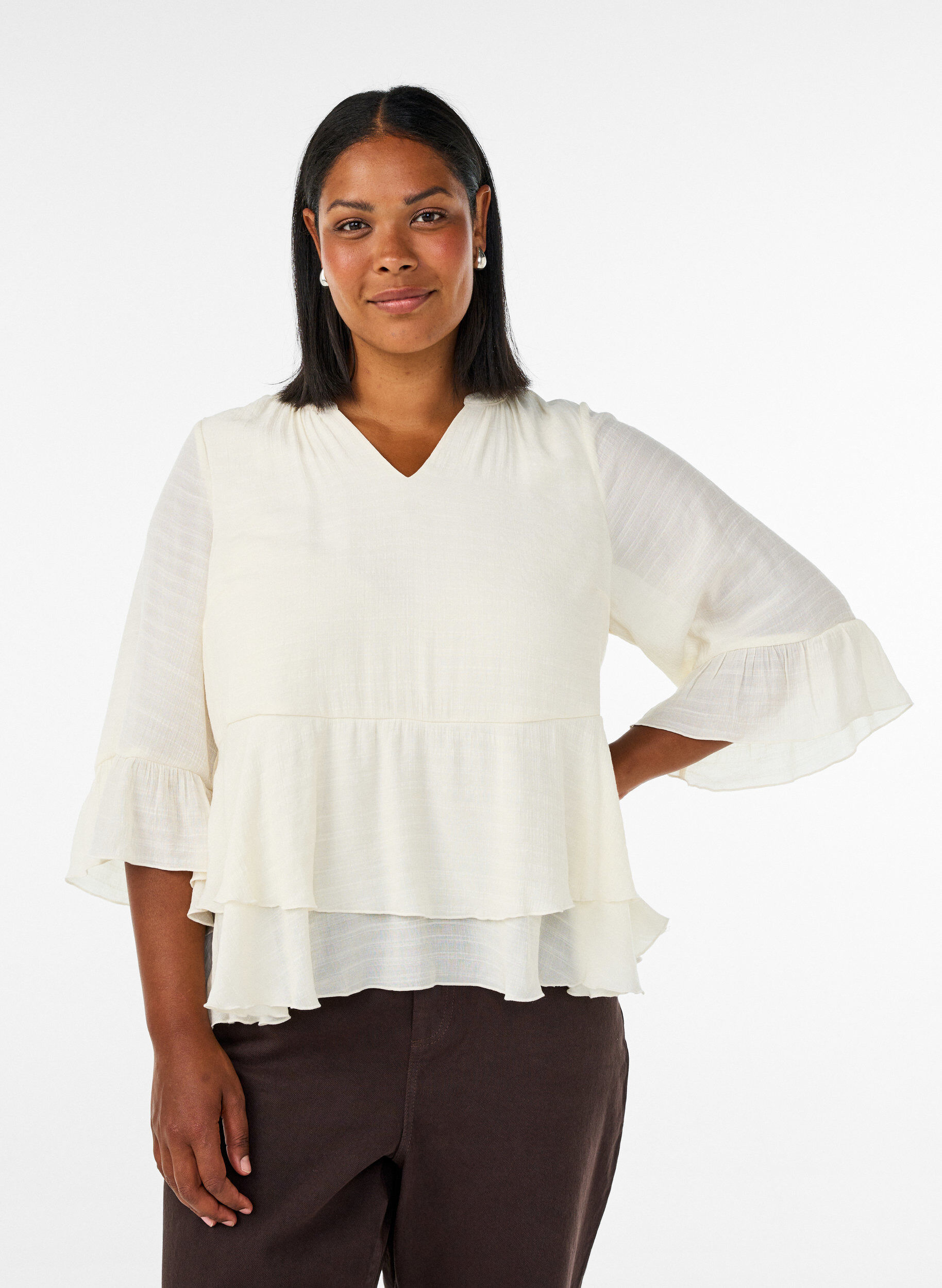 ZizziBluse mit 3/4-&Auml;rmeln und R&uuml;schendetails, Vanille, Model image number 0