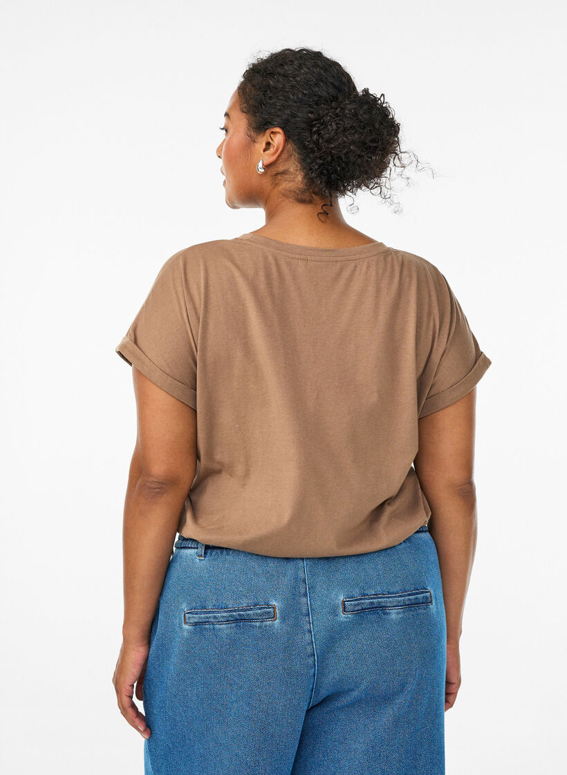 T-shirt &agrave; manches courtes en coton m&eacute;lang&eacute;, Marron, Model image number 2