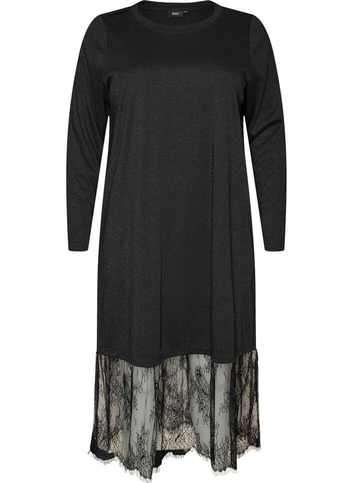 Robe en jersey avec paillettes et finitions en dentelle, Noir, Packshot image number 0