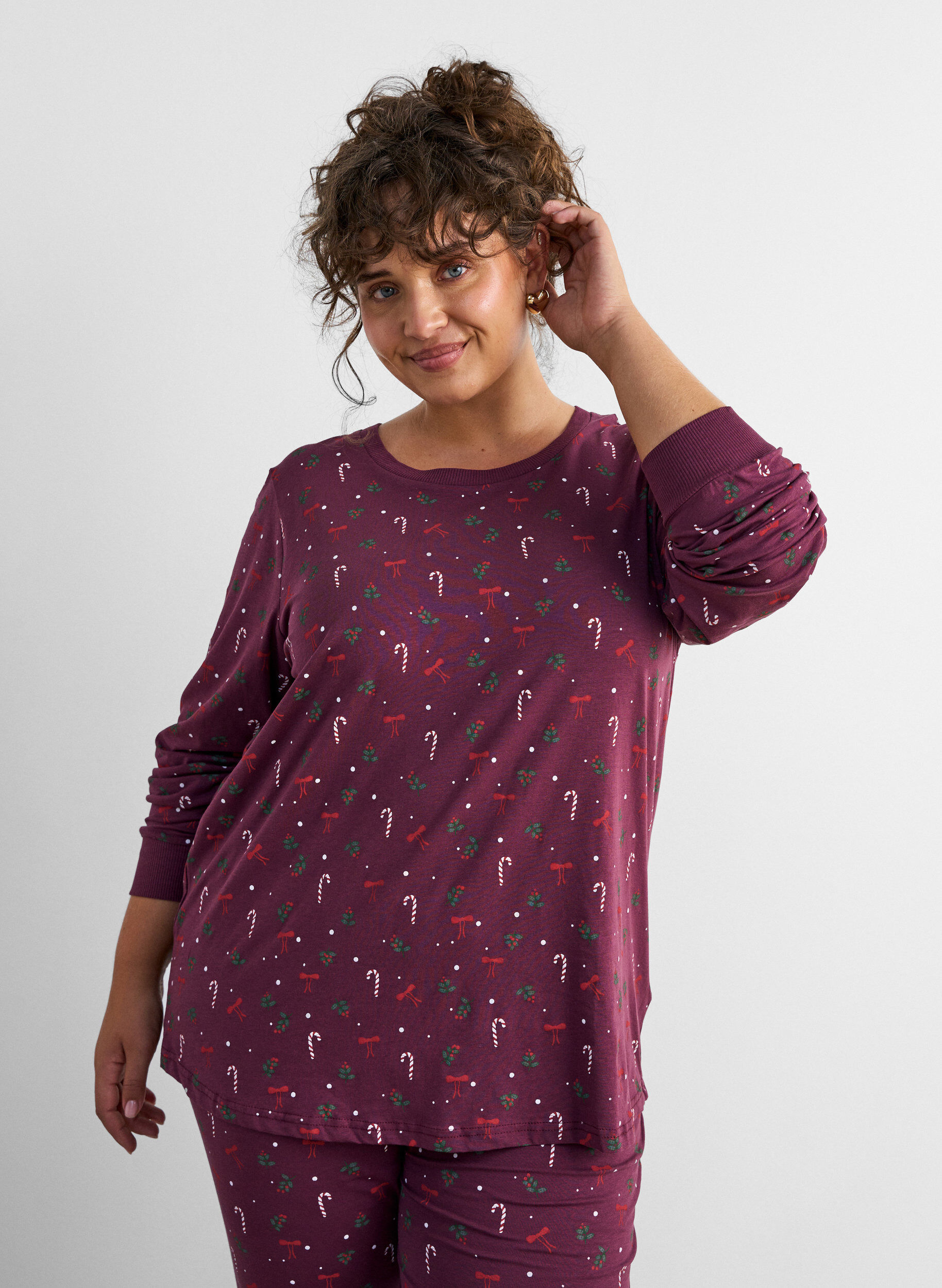 ZizziNachtbluse mit Print, Dunkles Bordeaux, Model image number 0
