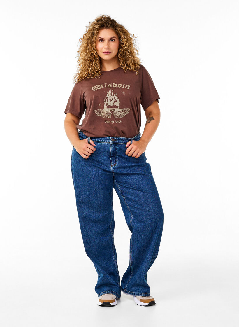 Jean &agrave; jambe large et taille haute, Bleu, Model image number 0