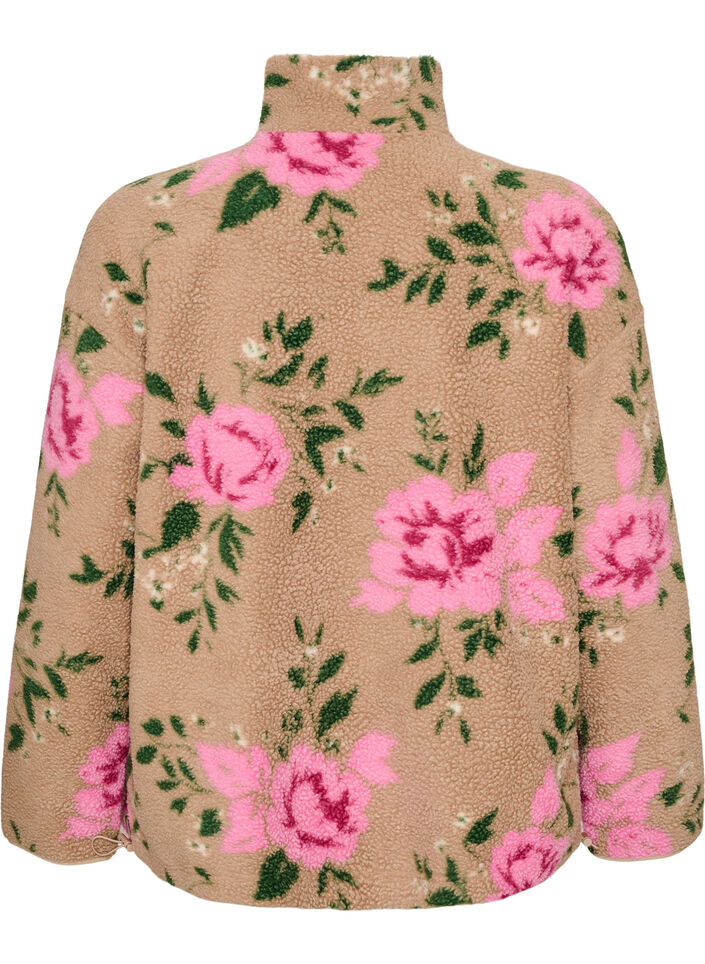 Gebl&uuml;mte Fleecejacke mit hohem Kragen und Rei&szlig;verschluss, Beige, Packshot image number 1